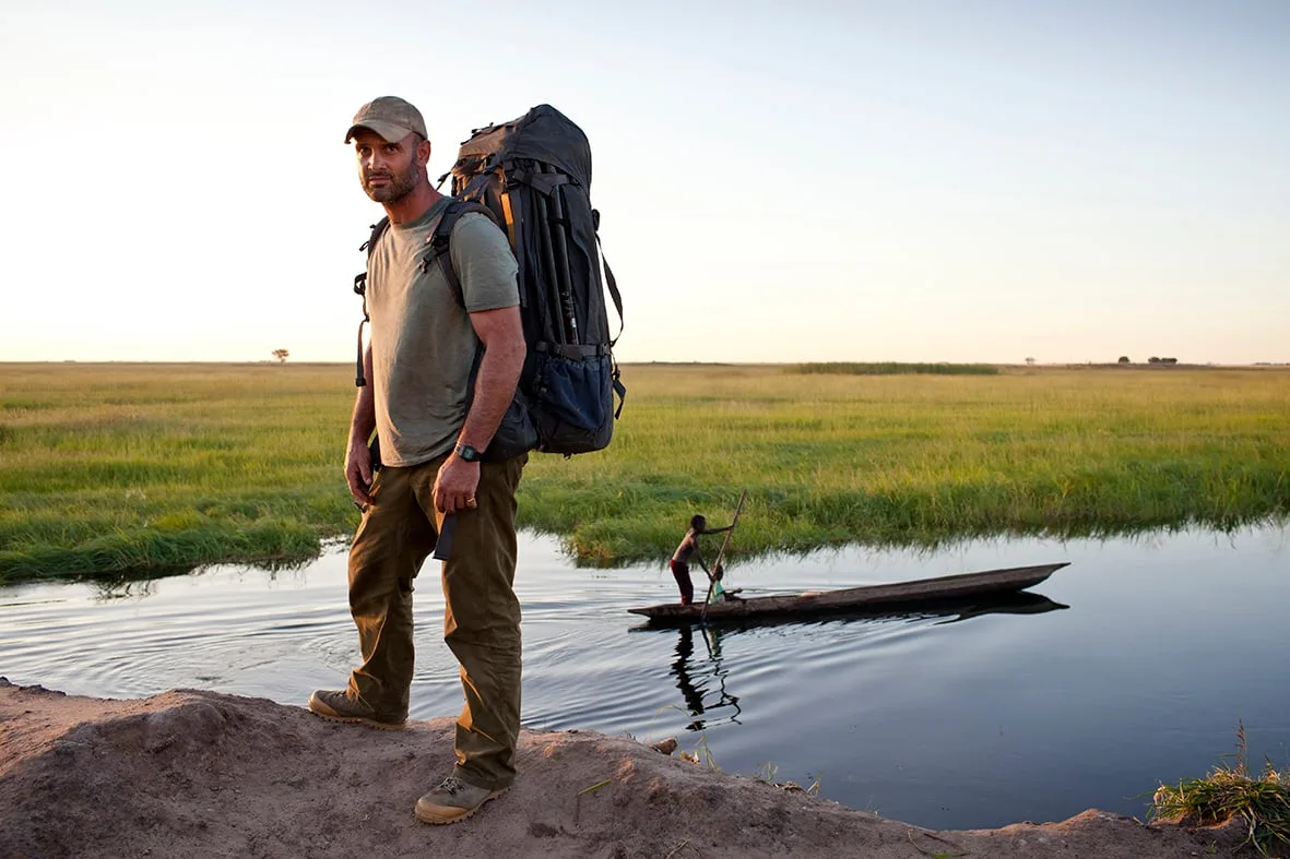 Ed Stafford riverbank publicity photography, Zimbabwe