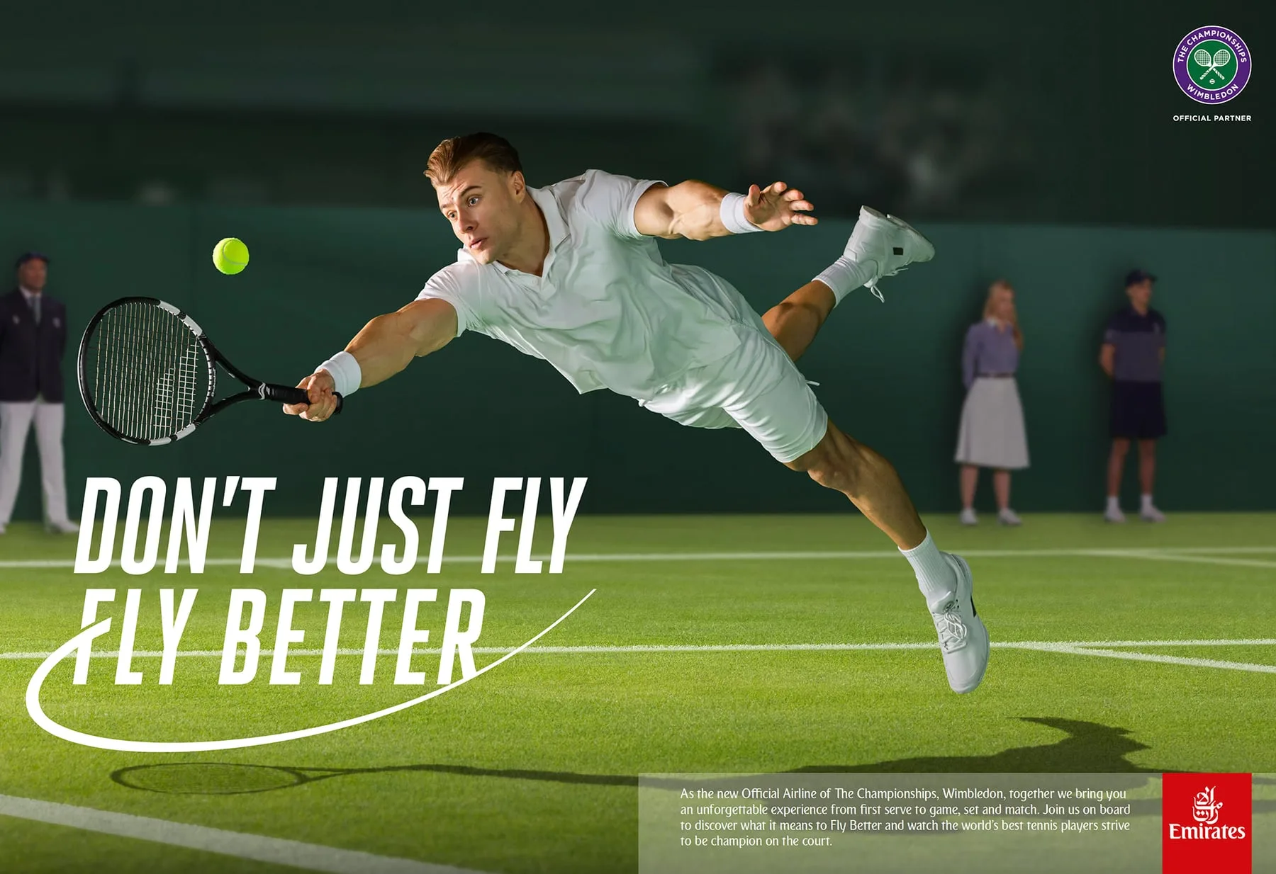 Emirates 'Fly Better' Wimbledon advertisement, tennis player lunging on grass