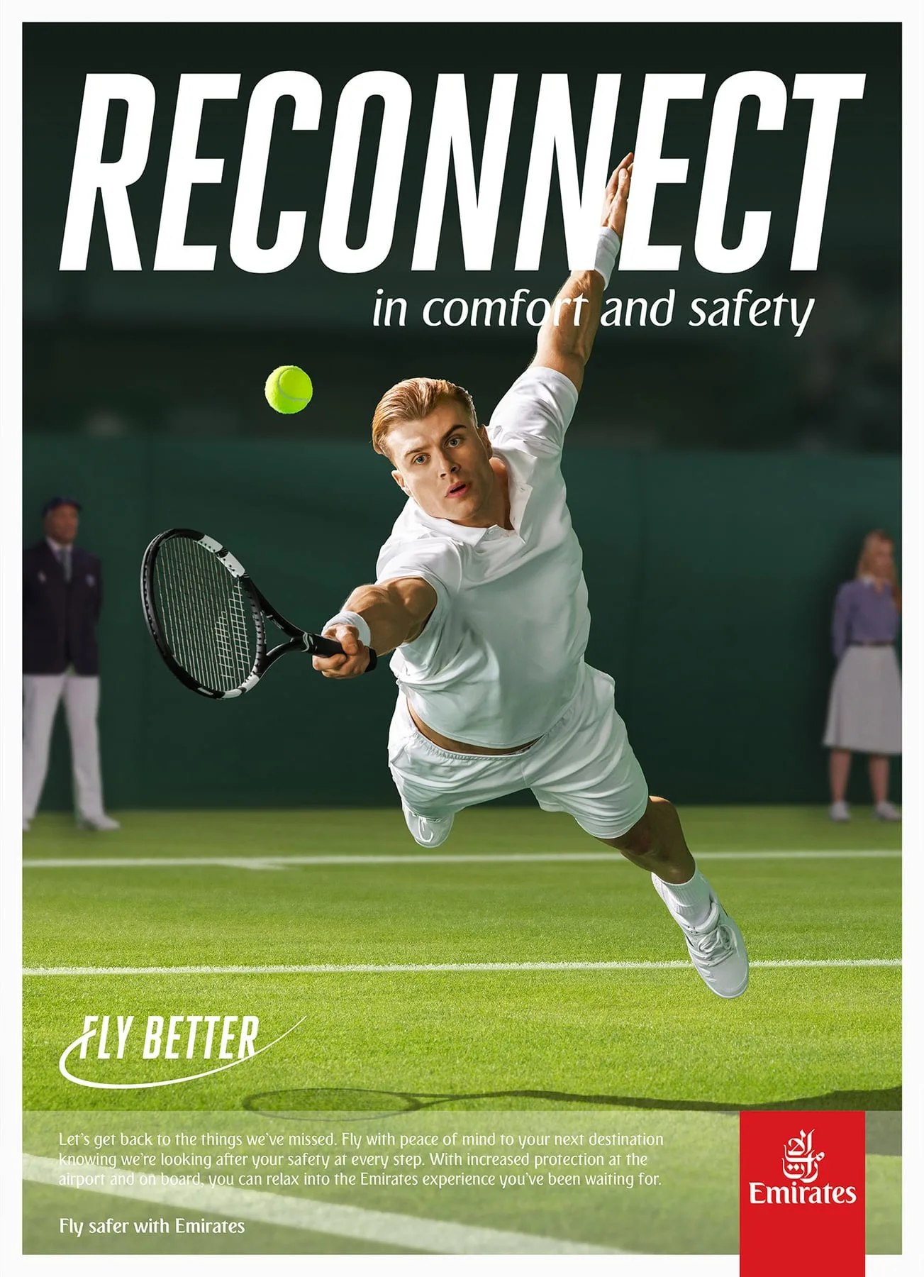Emirates 'Reconnect' advertisement, tennis player leaping for an overhead