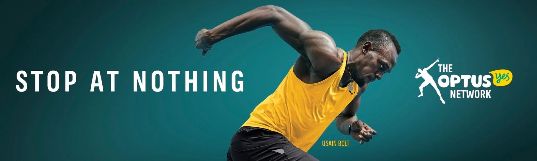 Usain Bolt driving out of the blocks, Optus 'Stop at Nothing' advertising