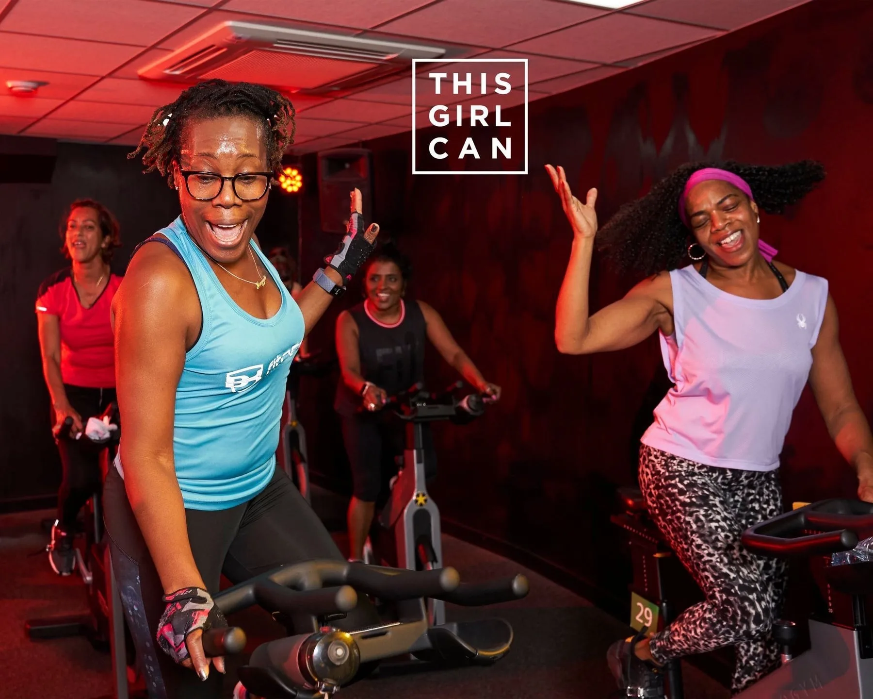 Riding hard in a spin class, This Girl Can Sport England